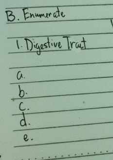 Enumerate 
1. Digestive Tract 
a. 
b. 
C. 
d. 
e.