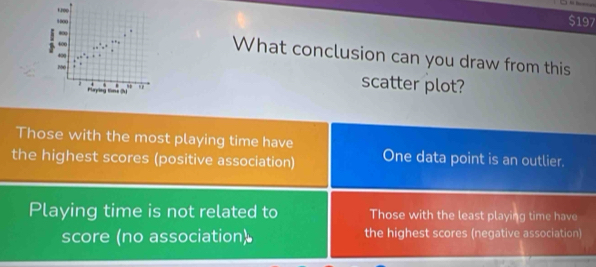 1000
$197
400
What conclusion can you draw from this
100
400 scatter plot?
Playing tome (h) "
Those with the most playing time have
the highest scores (positive association) One data point is an outlier.
Playing time is not related to Those with the least playing time have
score (no association) the highest scores (negative association)