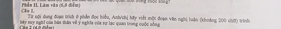 mo de trò nen lạc quan nơn trong cuộc sống? 
Phần II. Làm văn (6,0 điểm) 
Câu 1. 
Từ nội dung đoạn trích ở phần đọc hiểu, Anh/chị hãy viết một đoạn văn nghị luận (khoảng 200 chữ) trình 
bảy suy nghĩ của bản thân về ý nghĩa của sự lạc quan trong cuộc sống 
Câu 2 (4 0 điểm)