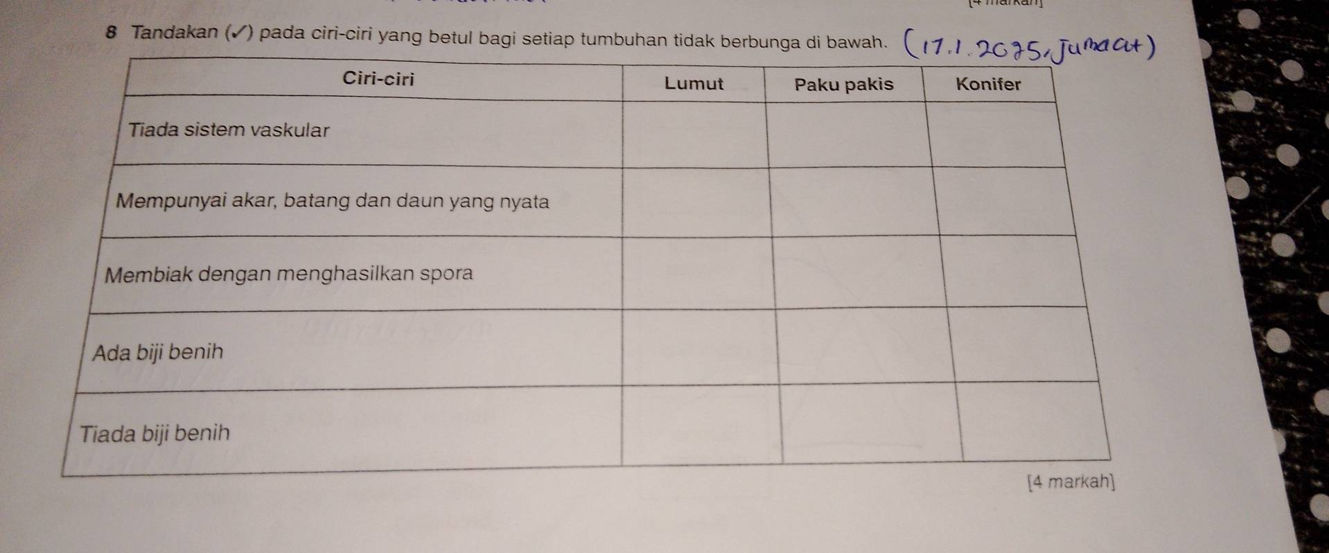 Tandakan (✔) pada ciri-ciri yang betul bagi setiap tumbuhan tidak berbunga di bawah.