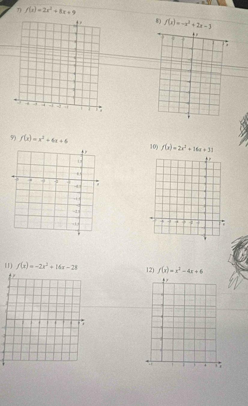 f(x)=2x^2+8x+9
8) f(x)=-x^2+2x-3
9) f(x)=x^2+6x+6
10) f(x)=2x^2+16x+31
11) f(x)=-2x^2+16x-28 12) f(x)=x^2-4x+6