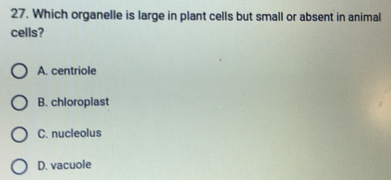 Which organelle is large in plant cells but small or absent in animal
cells?
A. centriole
B. chloroplast
C. nucleolus
D. vacuole