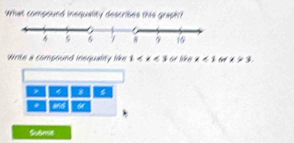 What compound inequality descrises this graph?
Write a compound inequality like 6 N B / 61 64 x>3,
9
6
Sutme