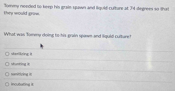 Tommy needed to keep his grain spawn and liquid culture at 74 degrees so that
they would grow.
What was Tommy doing to his grain spawn and liquid culture?
sterilizing it
stunting it
sanitizing it
incubating it