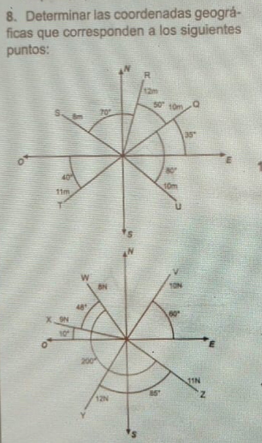 Determinar las coordenadas geográ-
ficas que corresponden a los siguientes
puntos:
ν
W
BN
48°
60°
x 9N
10°
0
200°
11N
12N 85° z
Y
s