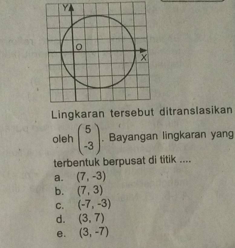 Lingkaran tersebut ditranslasikan
oleh beginpmatrix 5 -3endpmatrix. Bayangan lingkaran yang
terbentuk berpusat di titik ....
a. (7,-3)
b. (7,3)
C. (-7,-3)
d. (3,7)
e. (3,-7)