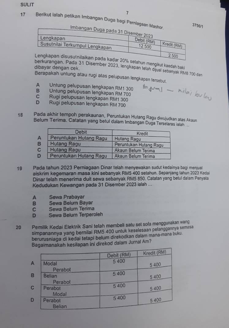 SULIT
7
17 Berikut ialah pelikan Imbangan Duga bagi Perniaga
/1
tahun mengikut kaedah baki
angan. Pada 31 Disember 2023, lengkapan lelah dijual sebanyak RM8 700 dan
dibayar dengan cek.
Berapakah untung atau rugi atas pelupusan lengkapan tersebut.
A Untung pelupusan lengkapan RM1 300
B Untung pelupusan lengkapan RM 700
C Rugi pelupusan lengkapan RM1 300
D Rugi pelupusan lengkapan RM 700
18 Pada akhir tempoh perakaunan, Peruntukan Hutang Ragu diwujudkan atas Akaun
Belum Terima. Catatan yang betul dalam Imbangan Duga Terselaras ialah ...
19 Pada tahun 2023 Perniagaan Dinar telah menyewakan sudut kedainya bagi menjual
aiskrim kegemaran masa kini sebanyak RM5 400 setahun. Sepanjang tahun 2023 Kedai
Dinar telah menerima duit sewa sebanyak RM5 850. Catatan yang betul dalam Penyata
Kedudukan Kewangan pada 31 Disember 2023 ialah ...
A Sewa Prabayar
B Sewa Belum Bayar
C Sewa Belum Terima
D Sewa Belum Terperoleh
20 Pemilik Kedai Elektrik Sani telah membeli satu set sofa menggunakan wang
simpanannya yang bernilai RM5 400 untuk keselesaan pelanggannya semasa
berurusniaga di kedai tetapi belum direkodkan dalam mana-mana buku.
Bagaimanakah kesilapan İni direkod dalam Jurnal Am?