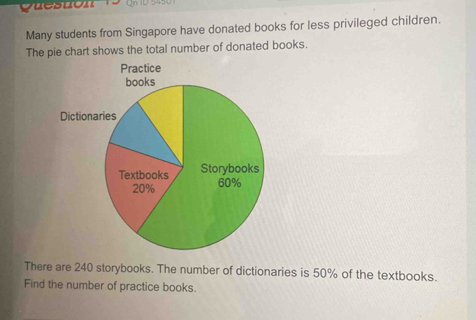 yuesuon Qn ID 54 
Many students from Singapore have donated books for less privileged children. 
The pie chart shows the total number of donated books. 
There are 240 storybooks. The number of dictionaries is 50% of the textbooks. 
Find the number of practice books.