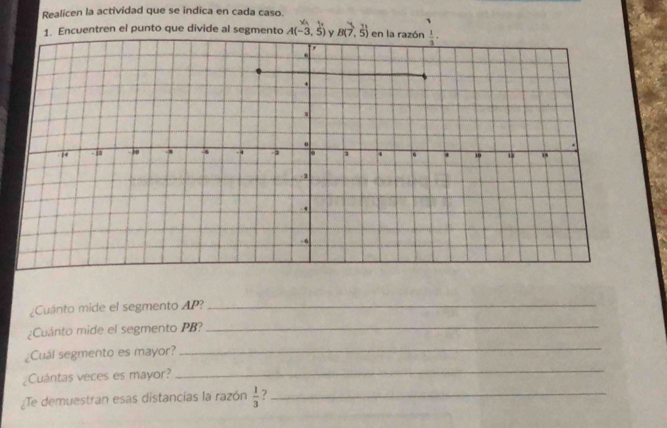 Realicen la actividad que se indica en cada caso.
1. Encuentren el punto que divide al segmento A(-3,5) B(7,5)
¿Cuánto mide el segmento AP?_
¿Cuánto mide el segmento PB?_
¿Cuál segmento es mayor?
_
¿Cuántas veces es mayor?
_
¿Te demuestran esas distancias la razón  1/3  ?_