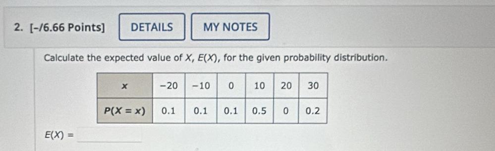 DETAILS MY NOTES
Calculate the expected value of X, , for the given probability distribution. E(X)
_
E(X)=