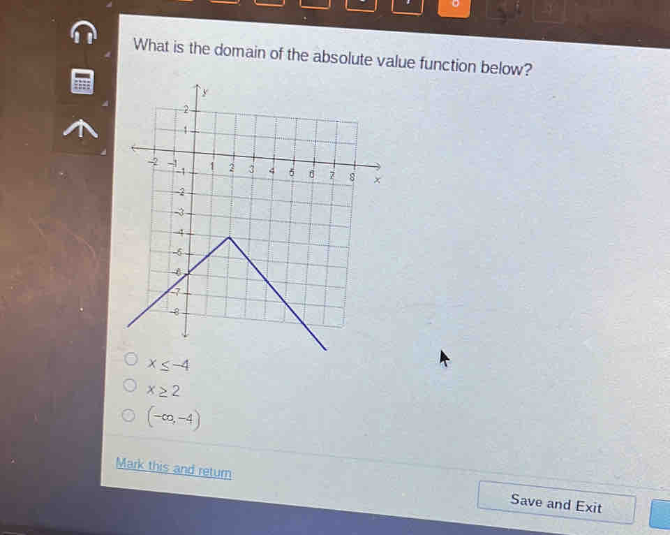 What is the domain of the absolute value function below?
x≤ -4
x≥ 2
(-∈fty ,-4)
Mark this and return Save and Exit