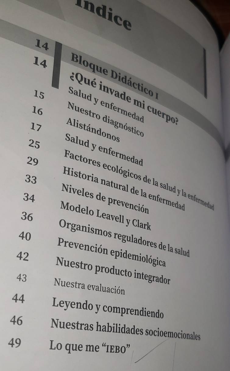 Indice
14
14
Bloque Didáctico
15
: Qué invade mi cuerpo 
Salud y enfermedad
16
Nuestro diagnóstico
17
Alistándonos
25
Salud y enfermedad
29
33
Factores ecológicos de la salud y la enfermed 
Historia natural de la enfermedaó
34
Niveles de prevención
36
Modelo Leavell y Clark 
Organismos reguladores de la salud
40 Prevención epidemiológica
42 Nuestro producto integrador
43 Nuestra evaluación
44 Leyendo y comprendiendo
46 Nuestras habilidades socioemocionales
49 Lo que me “ieвo”