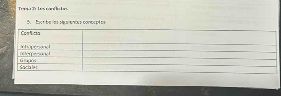 Tema 2: Los conflictos 
5. Escribe los siguientes conceptos