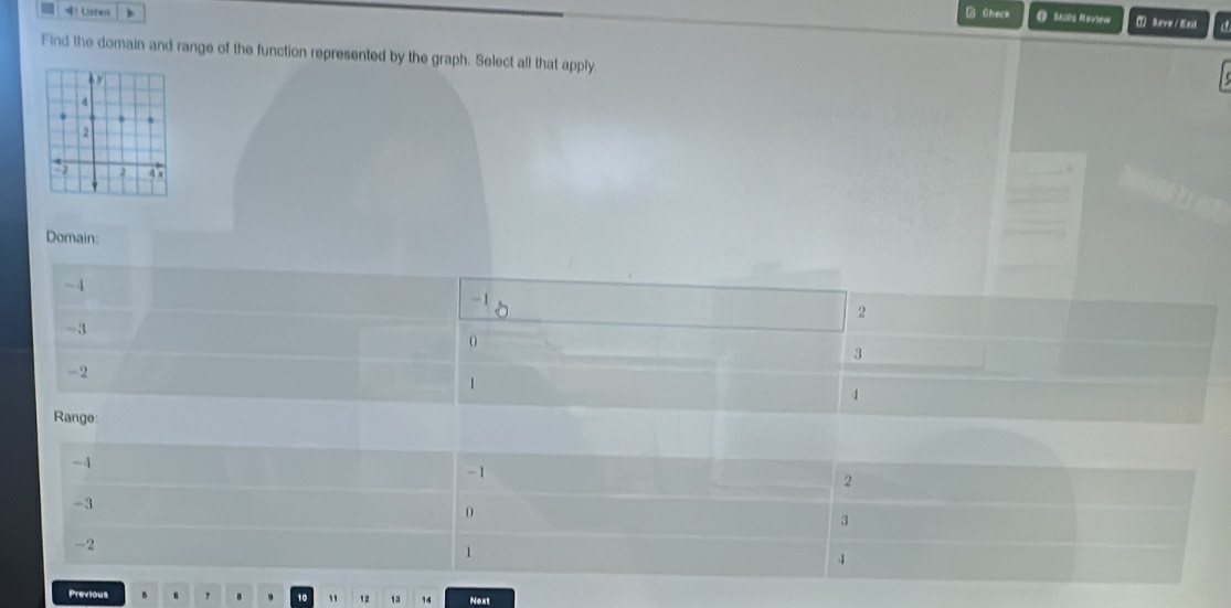Listen B Check
Save / Ex
Find the domain and range of the function represented by the graph. Select all that apply.
Domain:
-4
2
-3
3
-2
1
4
Range:
-4
-1
2
-3
0
3
2
1
4
Previous 7. . 10 " 12 13 14 Next