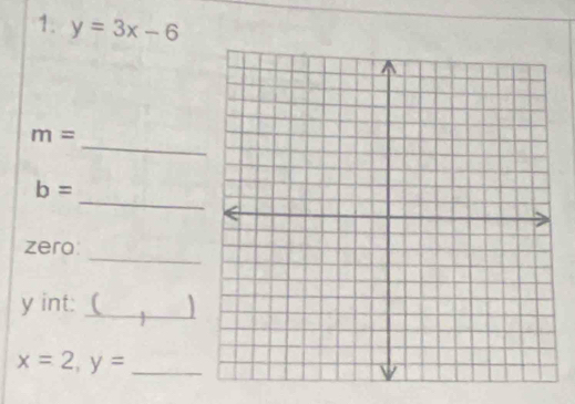 y=3x-6
_
m=
_
b=
_ 
zero
y int:_ 
_ x=2, y=