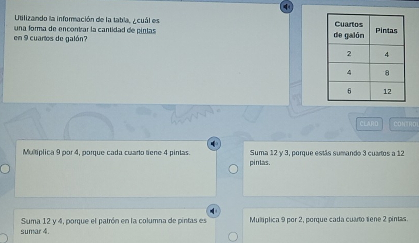 Utilizando la información de la tabla, ¿cuál es 
una forma de encontrar la cantidad de pintas
en 9 cuartos de galón? 
CLARO CONTROI
Multíplica 9 por 4, porque cada cuarto tiene 4 pintas. Suma 12 y 3, porque estás sumando 3 cuartos a 12
pintas.
Suma 12 y 4, porque el patrón en la columna de pintas es Multiplica 9 por 2, porque cada cuarto tiene 2 pintas.
sumar 4.