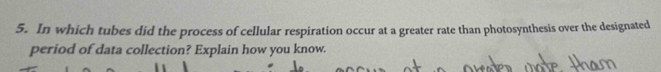 In which tubes did the process of cellular respiration occur at a greater rate than photosynthesis over the designated 
period of data collection? Explain how you know.
