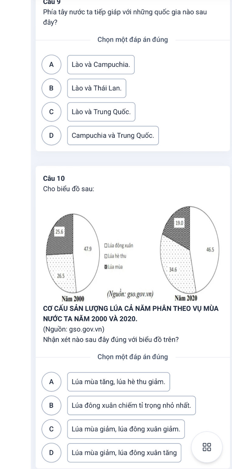 Cau 9
Phía tây nước ta tiếp giáp với những quốc gia nào sau
đây?
Chọn một đáp án đúng
A Lào và Campuchia.
B Lào và Thái Lan.
C Lào và Trung Quốc.
D Campuchia và Trung Quốc.
Câu 10
Cho biểu đồ sau:
Cơ CẤU SẢN LượNG LÚA CẢ NăM PHÂN THEO Vụ MùA
nƯỚC TA NăM 2000 VÀ 2020.
Nguồn: gso.gov.vn)
Nhận xét nào sau đây đúng với biểu đồ trên?
Chọn một đáp án đúng
A Lúa mùa tăng, lúa hè thu giảm.
B Lúa đông xuân chiếm tỉ trọng nhỏ nhất.
C Lúa mùa giảm, lúa đông xuân giảm.
D Lúa mùa giảm, lúa đông xuân tăng