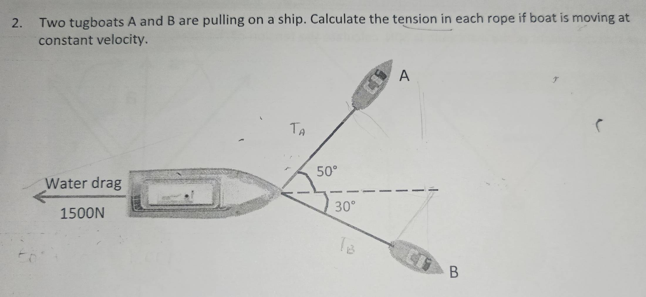 Two tugboats A and B are pulling on a ship. Calculate the tension in each rope if boat is moving at 
constant velocity.
A
T_A
50°
Water drag
1500N
30°
B