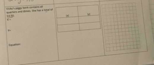 Vicky's piggy bank contains all 
quarters and dimes. She has a total o
 (53.50)/x= 
Y=
Equation:
