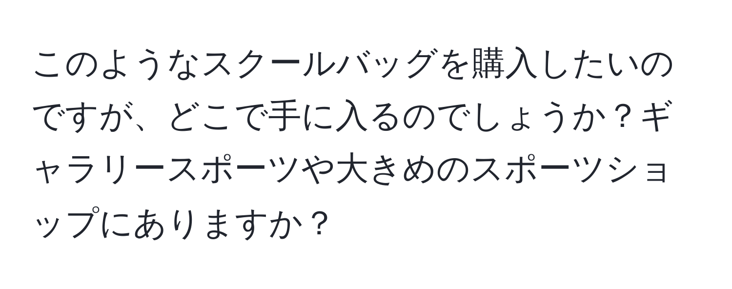 このようなスクールバッグを購入したいのですが、どこで手に入るのでしょうか？ギャラリースポーツや大きめのスポーツショップにありますか？