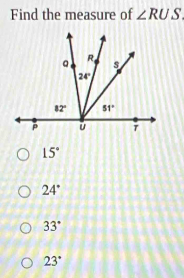 Find the measure of ∠ RUS
15°
24°
33°
23°