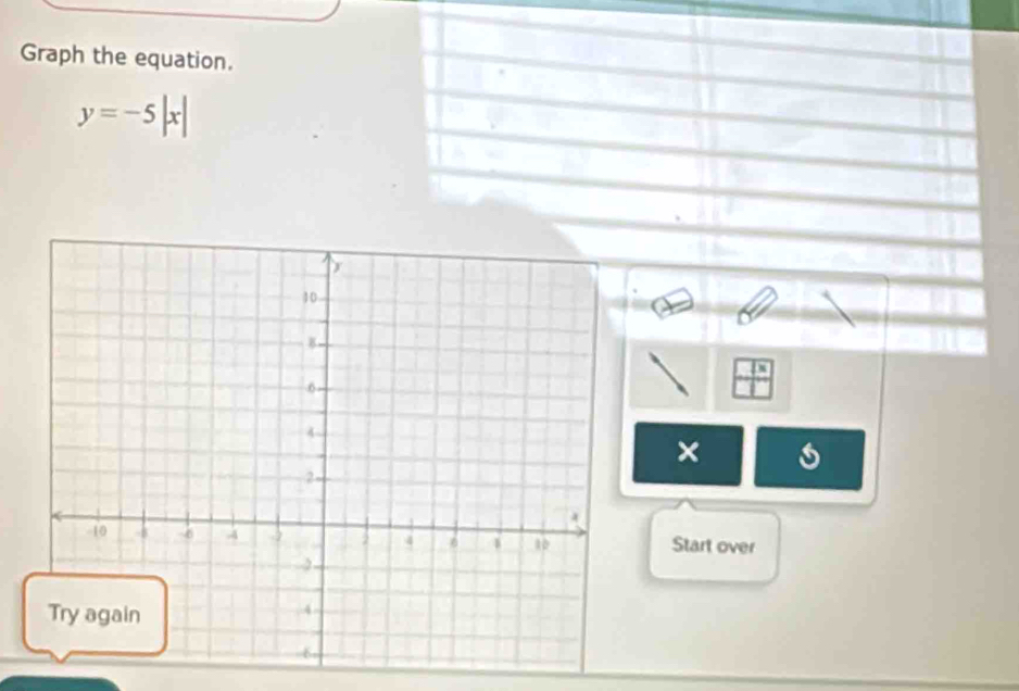 Graph the equation.
y=-5|x|
× s 
Start over