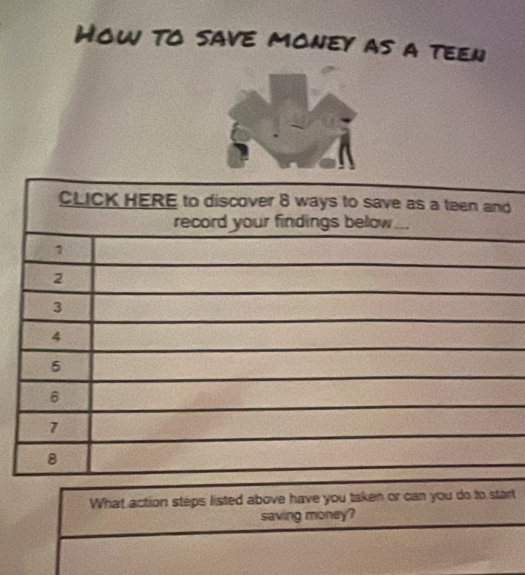 How to save money as a teen 
d 
What action steps listed above have you taken or can you do to start 
saving money?