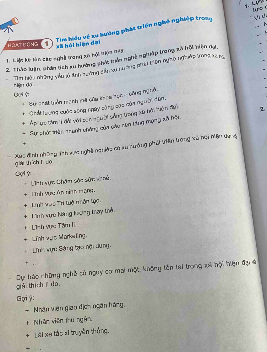 lực c 
Ví du 
Tìm hiểu về xu hướng phát triển nghề nghiệp trong 1. Lựa_ 
N 
HOẠT ĐỌNG 1 xã hội hiện đại 
_ 
1. Liệt kê tên các nghề trong xã hội hiện nay. 
_ 
_ 
2. Thào luận, phân tích xu hướng phát triển nghề nghiệp trong xã hội hiện đại 
_ 
_ 
Tìm hiểu những yếu tố ảnh hưởng đến xu hướng phát triển nghề nghiệp trong xã hộ 
hiện đại. 
Gợi ý : 
+ Sự phát triển mạnh mẽ của khoa học - công nghệ. 
+ Chất lượng cuộc sống ngày càng cao của người dân. 
+ Áp lực tâm lí đối với con người sống trong xã hội hiện đại. 
+ Sự phát triển nhanh chóng của các nền tảng mạng xã hội. 2. 
+ … 
Xác định những lĩnh vực nghề nghiệp có xu hướng phát triển trong xã hội hiện đại và 
giải thích lí do. 
Gợi ý : 
+ Lĩnh vực Chăm sóc sức khoẻ. 
+ Lĩnh vực An ninh mạng. 
+ Lĩnh vực Trí tuệ nhân tạo. 
+ Lĩnh vực Năng lượng thay thế. 
+ Lĩnh vực Tâm lí. 
+ Lĩnh vực Marketing. 
+ Lĩnh vực Sáng tạo nội dung. 
+ … 
- Dự báo những nghề có nguy cơ mai một, không tồn tại trong xã hội hiện đại và 
giải thích lí do. 
ợi ý : 
+ Nhân viên giao dịch ngân hàng. 
+ Nhân viên thu ngân. 
+ Lái xe tắc xi truyền thống. 
_+