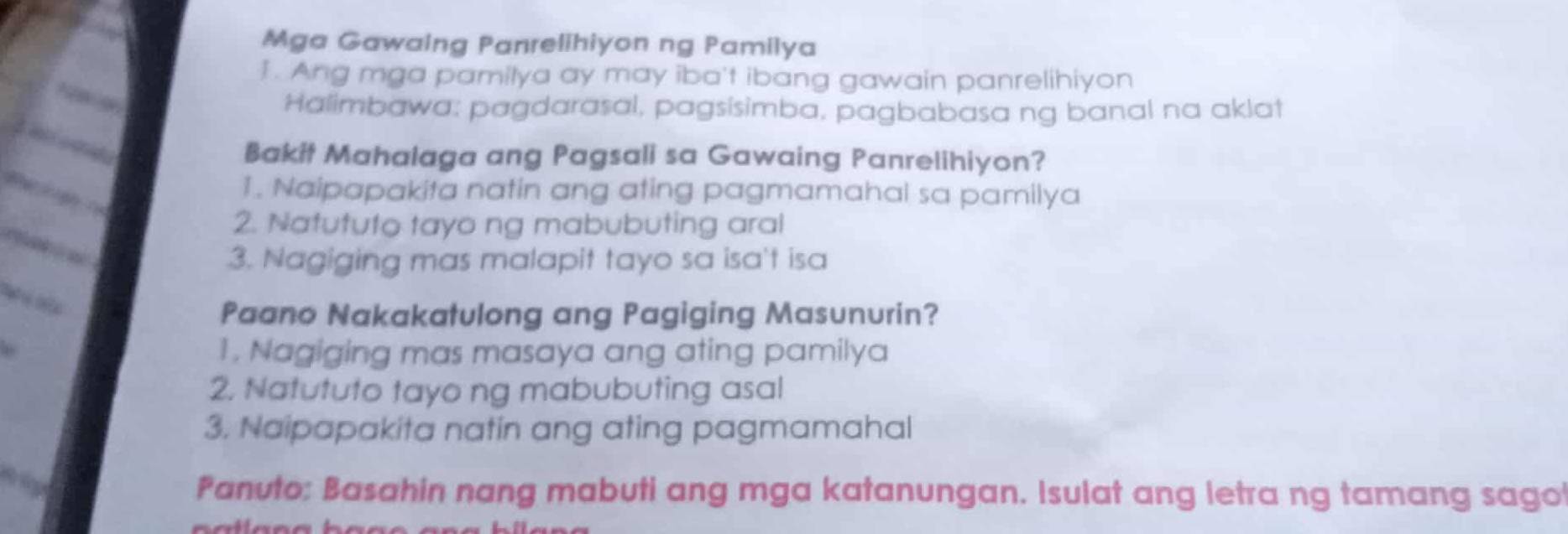 Solved: Mga Gawaing Panrelihiyon ng Pamilya 1. Ang mga pamilya ay may ...