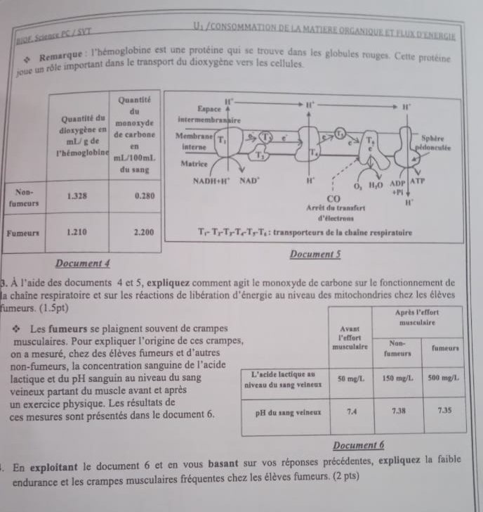 II/OF. Science PC / SVT
U_1 /CONSOMMATION DE LA MATIERE ORGANIQUE ET FLUX D'ENERGIE
Remarque : l'hémoglobine est une protéine qui se trouve dans les globules rouges. Cette protéine
joue un rôle important dans le transport du dioxygène vers les cellules.
Quantit
du 
Quantité du monoxyd
dioxygène en de carbon
mL/ g de en 
l'hémoglobine mL/100mL
du sang
Non- 1.328 0.28
fumeurs
Fumeurs 1.210 2.20
Document 5
Document 4
3. À l'aide des documents 4 et 5, expliquez comment agit le monoxyde de carbone sur le fonctionnement de
la chaîne respiratoire et sur les réactions de libération d'énergie au niveau des mitochondries chez les élèves
fumeurs. (1.5pt)
Les fumeurs se plaignent souvent de crampe
musculaires. Pour expliquer l'origine de ces cram
on a mesuré, chez des élèves fumeurs et d'autres
non-fumeurs, la concentration sanguine de l’acide
lactique et du pH sanguin au niveau du sang
veineux partant du muscle avant et après 
un exercice physique. Les résultats de
ces mesures sont présentés dans le document 6.
Document 6
4. En exploitant le document 6 et en vous basant sur vos réponses précédentes, expliquez la faible
endurance et les crampes musculaires fréquentes chez les élèves fumeurs. (2 pts)