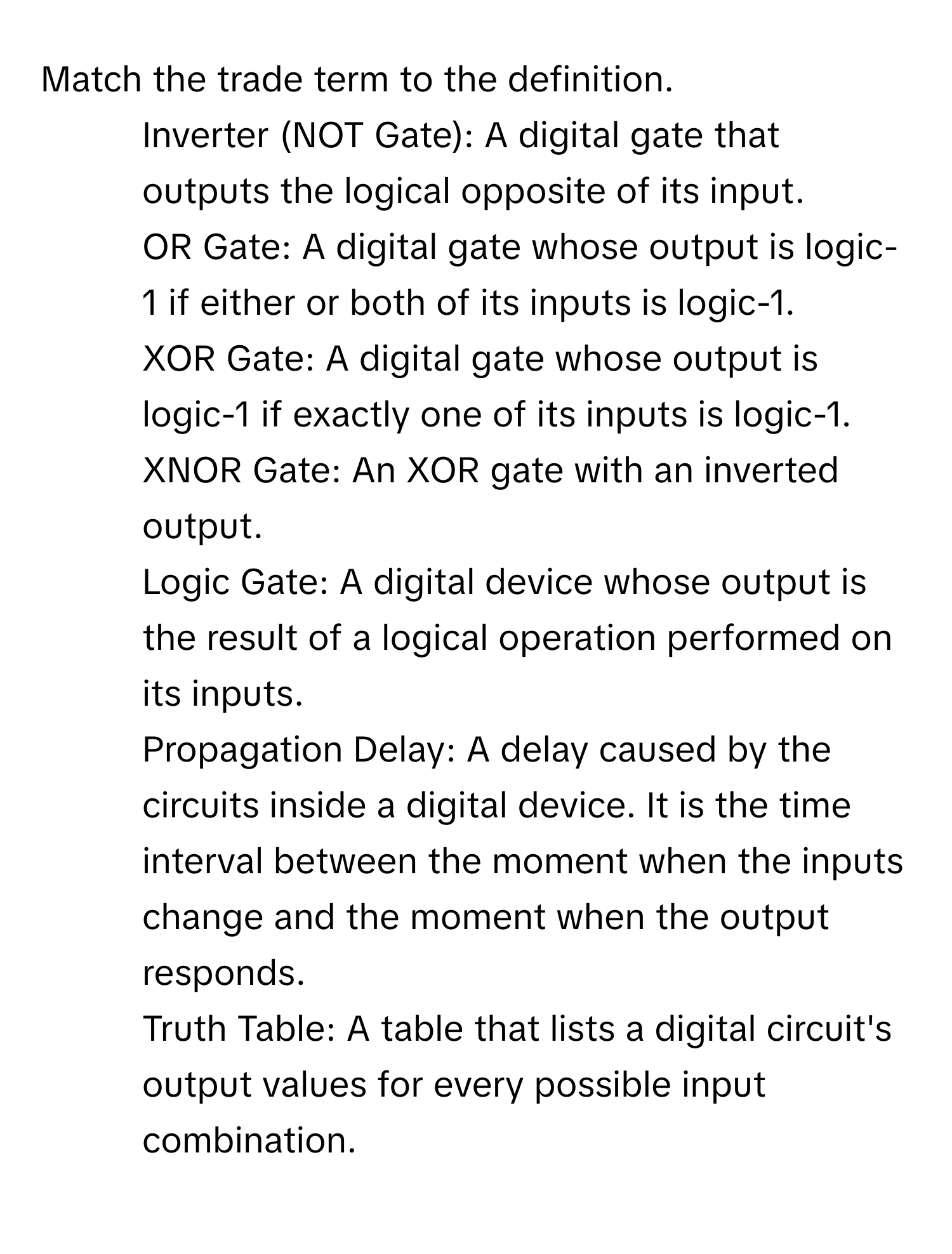 Solved: Match the trade term to the definition. 1. Inverter (NOT Gate ...