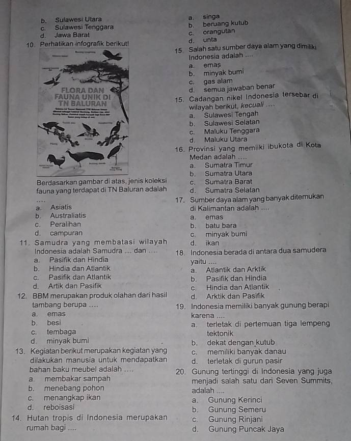 b. Sulawesi Utara a singa
c Sulawesi Tenggara b. beruang kutub
d. Jawa Baral c. orangutan
10. Perhatikan infografik berikut! d. unta
15. Salah satu sumber daya alam yang dimiliki
Indonesia adalah ....
a. emas
b. minyak bumi
c. gas alam
d. semua jawaban benar
15. Cadangan nikel Indonesia tersebar di
wilayah berikut, kecuali ....
a. Sulawesi Tengah
b. Sulawesi Selatan
c. Maluku Tenggara
d. Maluku Utara
16. Provinsi yang memiiki ibukota di Kota
Medan adalah ....
a. Sumatra Timur
b. Sumatra Utara
Berdasarkan gambar di atas, jenis koleksi c. Sumatra Barat
fauna yang terdapat di TN Baluran adalah d. Sumatra Selatan
a. Asiatis 17. Sumber daya alam yang banyak ditemukan
di Kalimantan adalah ....
b. Australiatis a. emas
c. Peralihan b. batu bara
d. campuran c. minyak bumi
11. Samudra yang membatasi wilayah d. ikan
Indonesia adalah Samudra ... dan ...
a. Pasifik dan Hindia 18. Indonesia berada di antara dua samudera
b. Hindia dan Atlantik yaitu ....
a. Atlantik dan Arktik
c. Pasifik dan Atlantik b. Pasifik dan Hindia
d. Artik dan Pasifik c Hindia dan Atlantik
12. BBM merupakan produk olahan dari hasil d. Arktik dan Pasifik
tambang berupa .... 19. Indonesia memiliki banyak gunung berapi
a. emas karena ....
b. besi a. terletak di pertemuan tiga lempeng
c. tembaga tektonik
d minyak bumi b. dekat dengan kutub
13. Keqiatan berikut merupakan kegiatan yang c. memiliki banyak danau
dilakukan manusia untuk mendapatkan d. terletak di gurun pasir
bahan baku meubel adalah .... 20. Gunung tertinggi di Indonesia yang juga
a membakar sampah menjadi salah satu dari Seven Summits,
b. menebang pohon adalah ....
c. menangkap ikan a. Gunung Kerinci
d. reboisasi b. Gunung Semeru
14. Hutan tropis di Indonesia merupakan c. Gunung Rinjani
rumah bagi .... d. Gunung Puncak Jaya