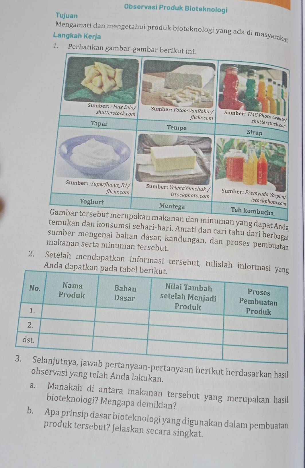 Observasi Produk Bioteknologi 
Tujuan 
Mengamati dan mengetahui produk bioteknologi yang ada di masyarakat 
Langkah Kerja 
1. Perhat 
yang dapat Anda 
n dan konsumsi sehari-hari. Amati dan cari tahu dari berbagai 
sumber mengenai bahan dasar, kandungan, dan proses pembuatan 
makanan serta minuman tersebut. 
2. Setelah mendapatkan informasi tersebut, tulislah infor 
Anda dapa 
ertanyaan berikut berdasarkan hasil 
observasi yang telah Anda lakukan. 
a. Manakah di antara makanan tersebut yang merupakan hasil 
bioteknologi? Mengapa demikian? 
b. Apa prinsip dasar bioteknologi yang digunakan dalam pembuatan 
produk tersebut? Jelaskan secara singkat.