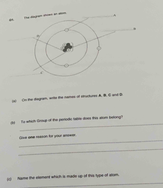 a1. 
(a) On the diagram, write the names of structures A, B, C and D. 
_ 
(b) To which Group of the periodic table does this atom belong? 
_ 
Give one reason for your answer. 
_ 
_ 
(c) Name the element which is made up of this type of atom.