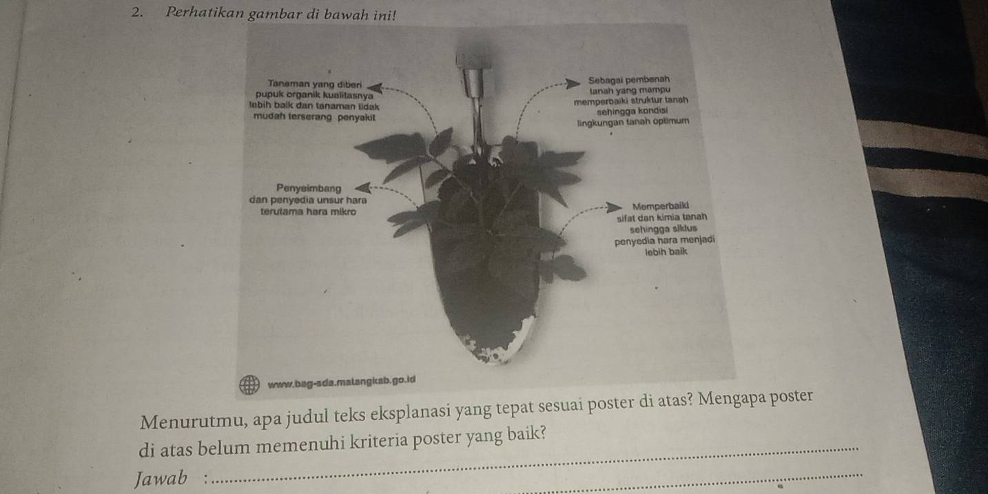 Perhatikan gambar di bawah ini! 
Menurutmu, apa judul teks eksplanasi yang tepat sesuai poster di atas? Mengapa poster 
di atas belum memenuhi kriteria poster yang baik? 
Jawab : 
_