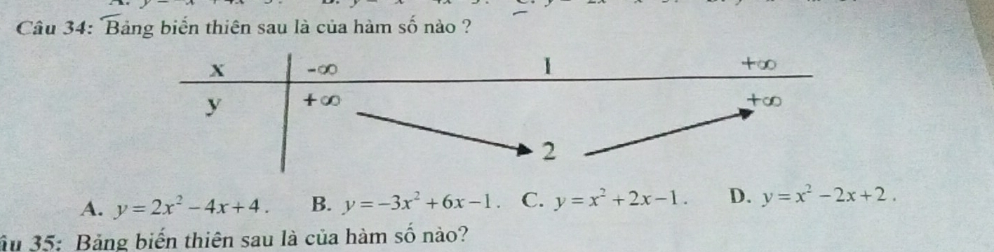 Bảng biển thiên sau là của hàm số nào ?
A. y=2x^2-4x+4. B. y=-3x^2+6x-1. C. y=x^2+2x-1. D. y=x^2-2x+2. 
âu 35: Bảng biến thiên sau là của hàm số nào?