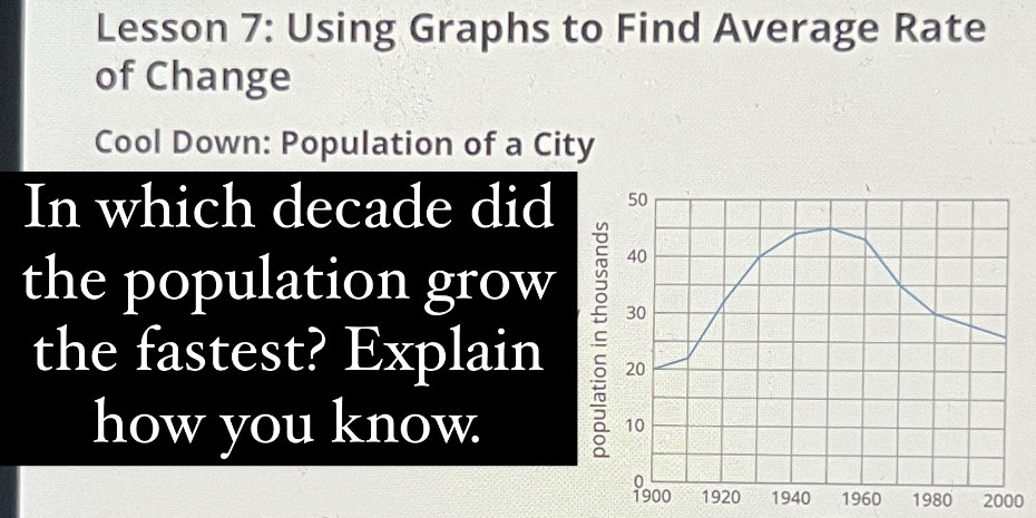 Lesson 7: Using Graphs to Find Average Rate 
of Change 
Cool Down: Population of a City 
In which decade did 
the population grow 
the fastest? Explain ς 
how you know.
2000