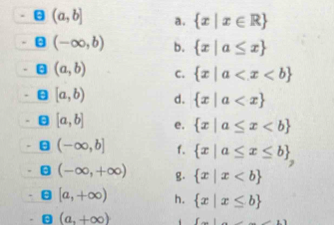 (a,b]
a.  x|x∈ R
(-∈fty ,b)
b.  x|a≤ x
(a,b)
C.  x|a
[a,b)
d.  x|a
[a,b]
e.  x|a≤ x
(-∈fty ,b]
f.  x|a≤ x≤ b
(-∈fty ,+∈fty ) g.  x|x
a [a,+∈fty )
h.  x|x≤ b
(a,+∈fty )
i ∈t cos 1 frac 