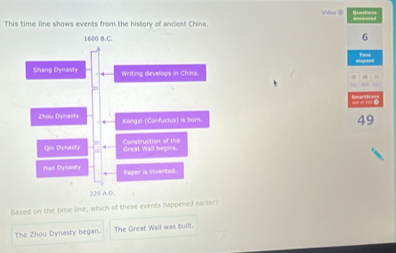 Video ⑬ Questons
This time line shows events from the history of ancient China. ahiwared
6
Time
06
“ “ 100 0 Rmartlcer
49
Based on the time line, which of these events happened earlier?
The Zhou Dynasty began. The Great Wall was built.