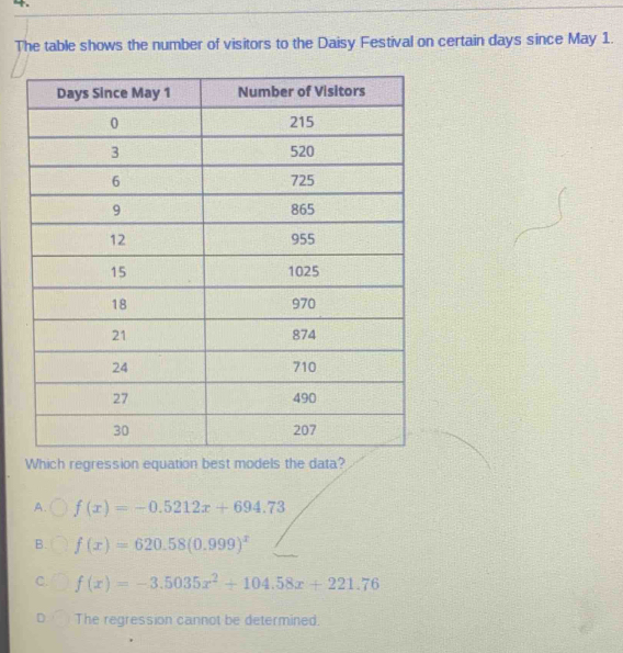 The table shows the number of visitors to the Daisy Festival on certain days since May 1.
Which regression equation best models the data?
A. f(x)=-0.5212x+694.73
B. f(x)=620.58(0.999)^x
C. f(x)=-3.5035x^2+104.58x+221.76
The regression cannot be determined.