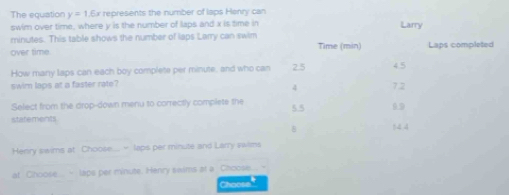 The equation y=1.6x x represents the number of laps Henry can
swim over time, where y is the number of laps and x is time in Larry
minutes. This table shows the number of laps Larry can swim
over time. Time (min) Laps completed
How many laps can each boy complete per minute, and who can 2.5 4.5
swim laps at a faster rate? 7.2
4
Select from the drop-down menu to correctly complets the 5.5 0.9
statements 14 4
Henry swims at Choose. = laps per minute and Larry swims
at Choose... - laps per minute. Henry seams at a Choose... ~
Choose"