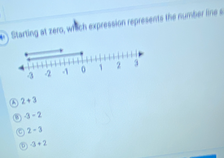 ) Starting at zero, which expression represents the number line s
a 2+3
6 -3-2
2-3
D -3+2