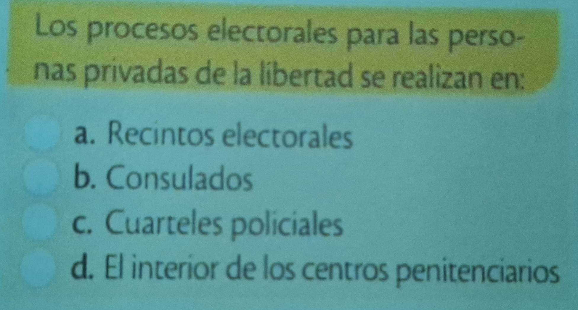 Los procesos electorales para las perso-
nas privadas de la líbertad se realizan en:
a. Recintos electorales
b. Consulados
c. Cuarteles policiales
d. El interior de los centros penitenciarios