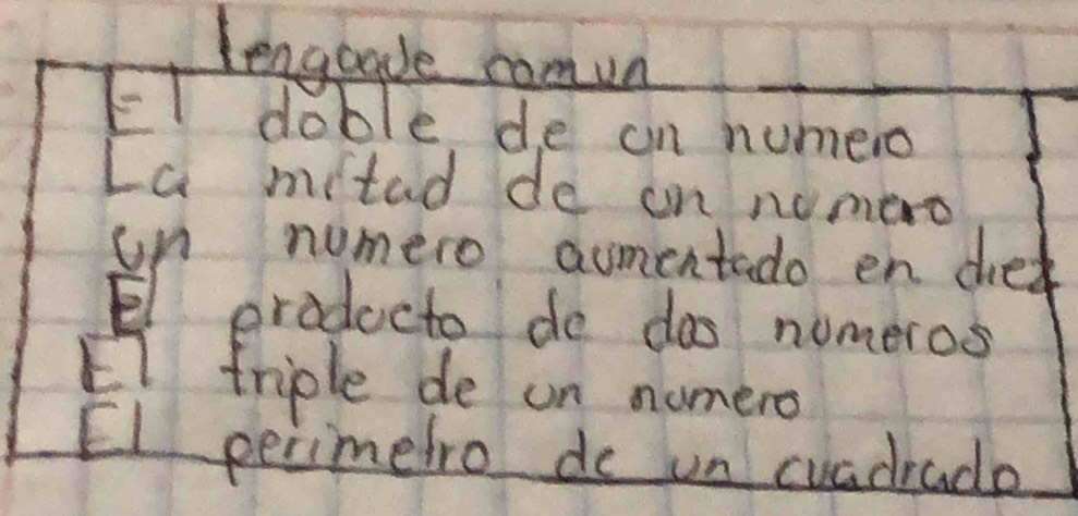 lengoade comun 
/ doble de an numero 
La mitad de on nomero 
un numero aumentado en ded 
E producto do dos nomeros 
EI friple de un nomero 
EI peiimetro do un cuadrade