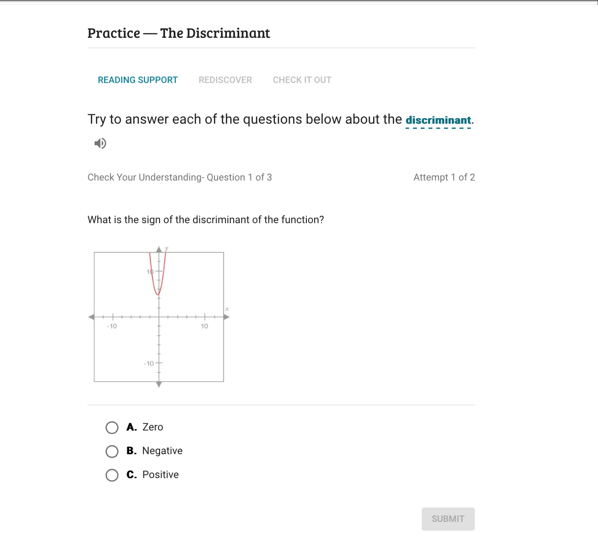 Practice — The Discriminant
READING SUPPORT REDISCOVER CHECKIT OUT
Try to answer each of the questions below about the discriminant.

Check Your Understanding- Question 1 of 3 Attempt 1 of 2
What is the sign of the discriminant of the function?
A. Zero
B. Negative
C. Positive
SUBMIT