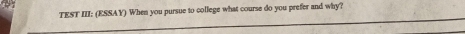 TEST III: (ESSAY) When you pursue to college what course do you prefer and why?