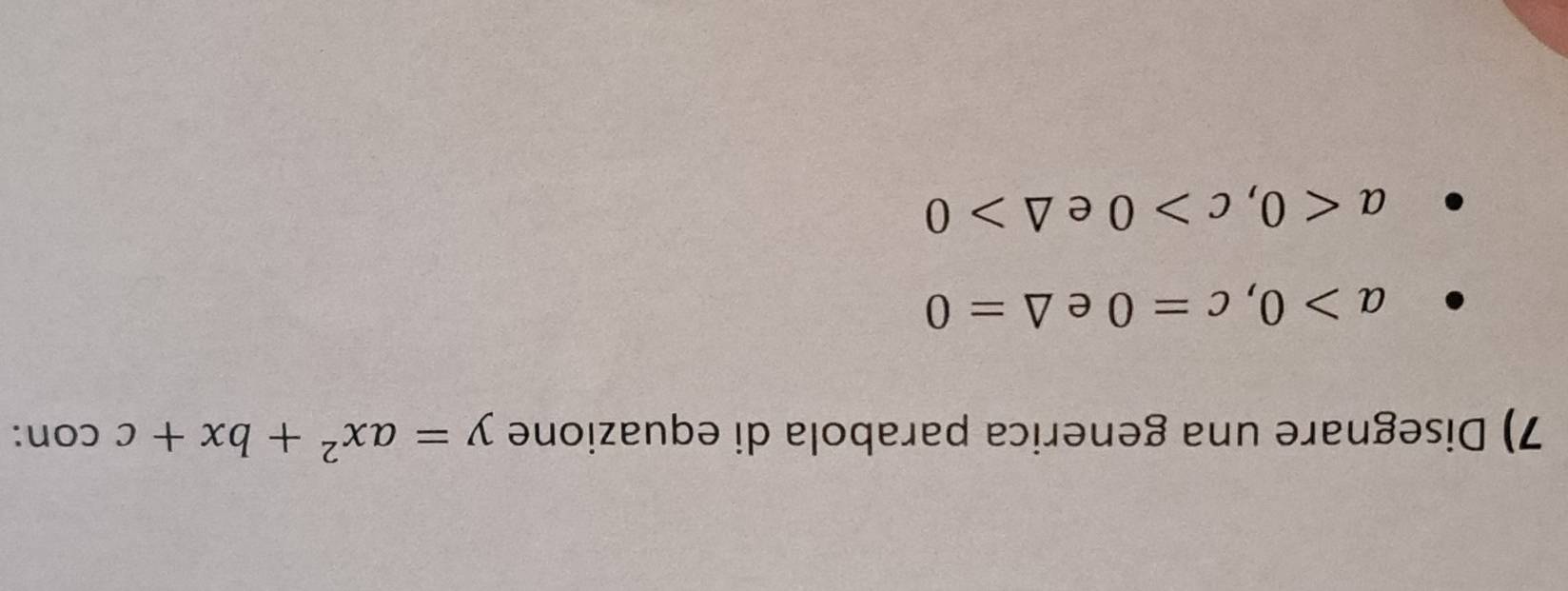 Disegnare una generica parabola di equazione y=ax^2+bx+c con:
a>0, c=0 e △ =0
a<0</tex>, c>0 e △ >0