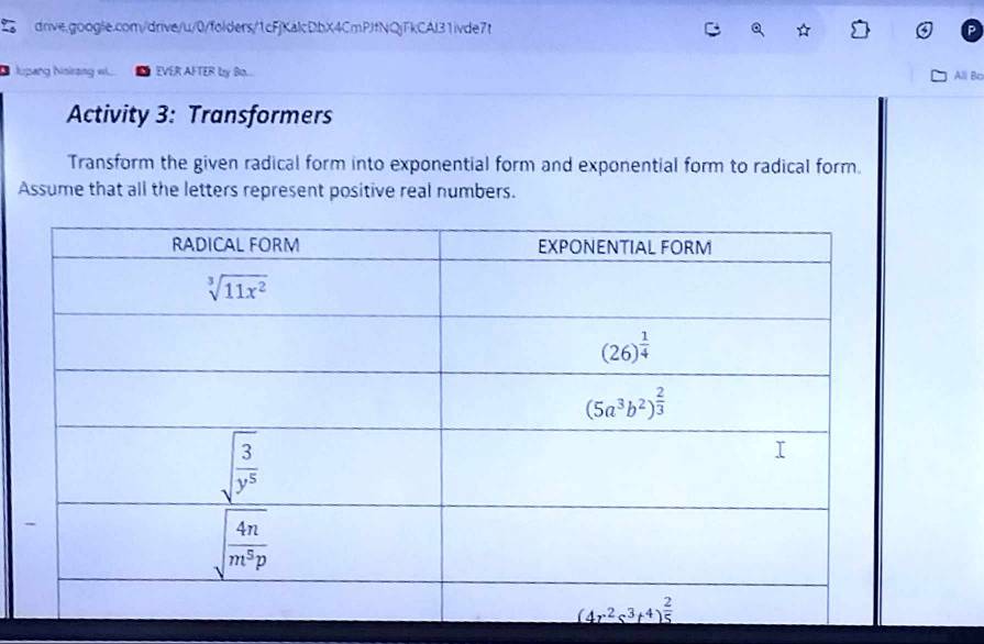 lupang hisirang w.. EVER AFTER by Ba...
All Bo
Activity 3: Transformers
Transform the given radical form into exponential form and exponential form to radical form.
Assume that all the letters represent positive real numbers.