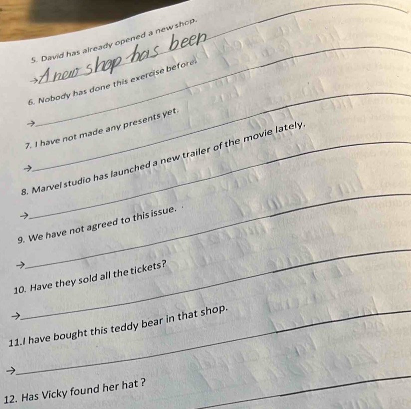 David has already opened a new shop 
_ 
6. Nobody has done this exercise before 
7. I have not made any presents yet. 
_ 
8. Marvel studio has launched a new trailer of the movie lately 
_ 
9. We have not agreed to this issue. 
10. Have they sold all the tickets? 
11.I have bought this teddy bear in that shop. 
12. Has Vicky found her hat ?_ 
_